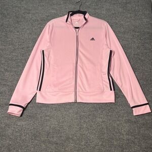 Adidas Track Jacket Womens Large pink Full Zip 3-Stripe Athletic